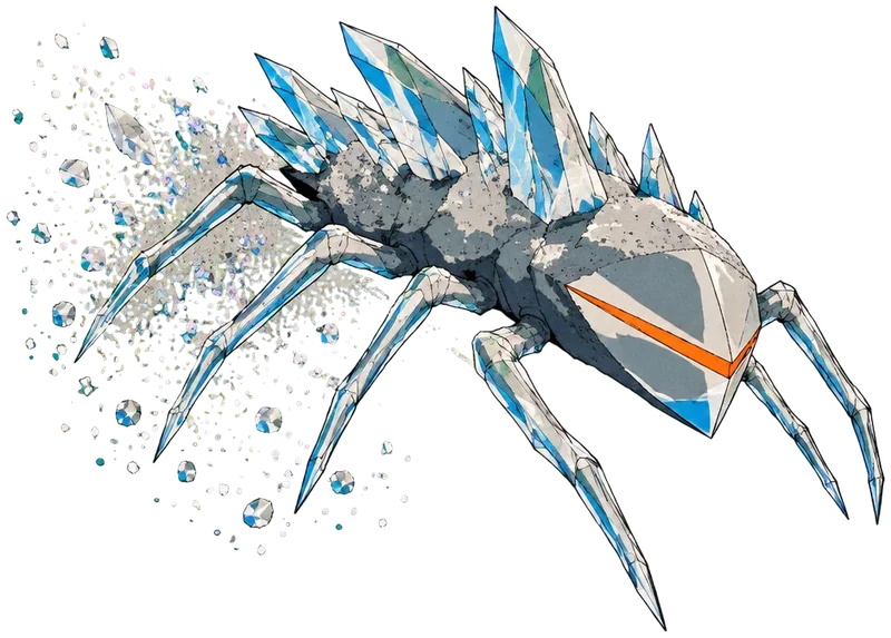 Seekor Regolith Hound dari kaca beku dan debu bulan menerkam ke arah kamera.