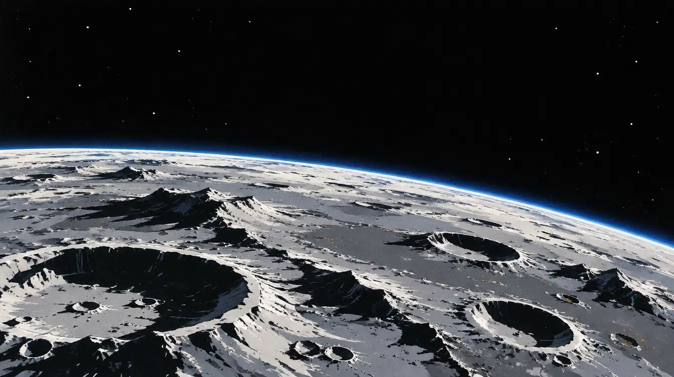 Bulan hitam putih dilihat dari orbit rendah, tepi birunya menyala di atas kawah-kawah berbayangan panjang.