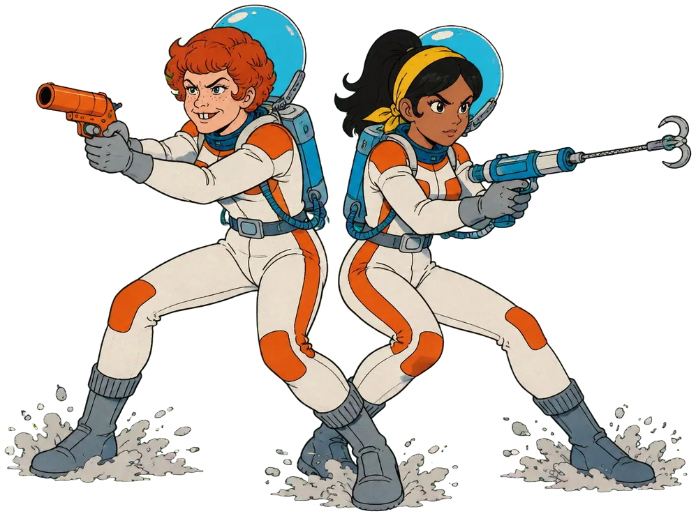 Dottie dan Marisa saling menutup punggung, Dottie membidik pistol suar ke kiri dan Marisa membidik pelontar kait ke kanan.
